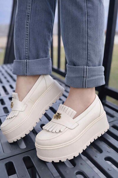 Mocasini din piele naturala culoarea bej cu talpa inalta